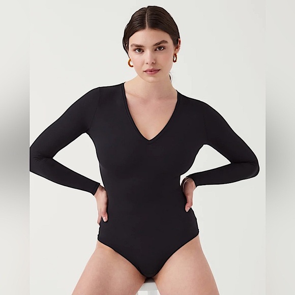 SPANX New Suit Yourself V Neck Long Sleeve Thong Bodysuit Plus Size Black - Picture 1 of 7